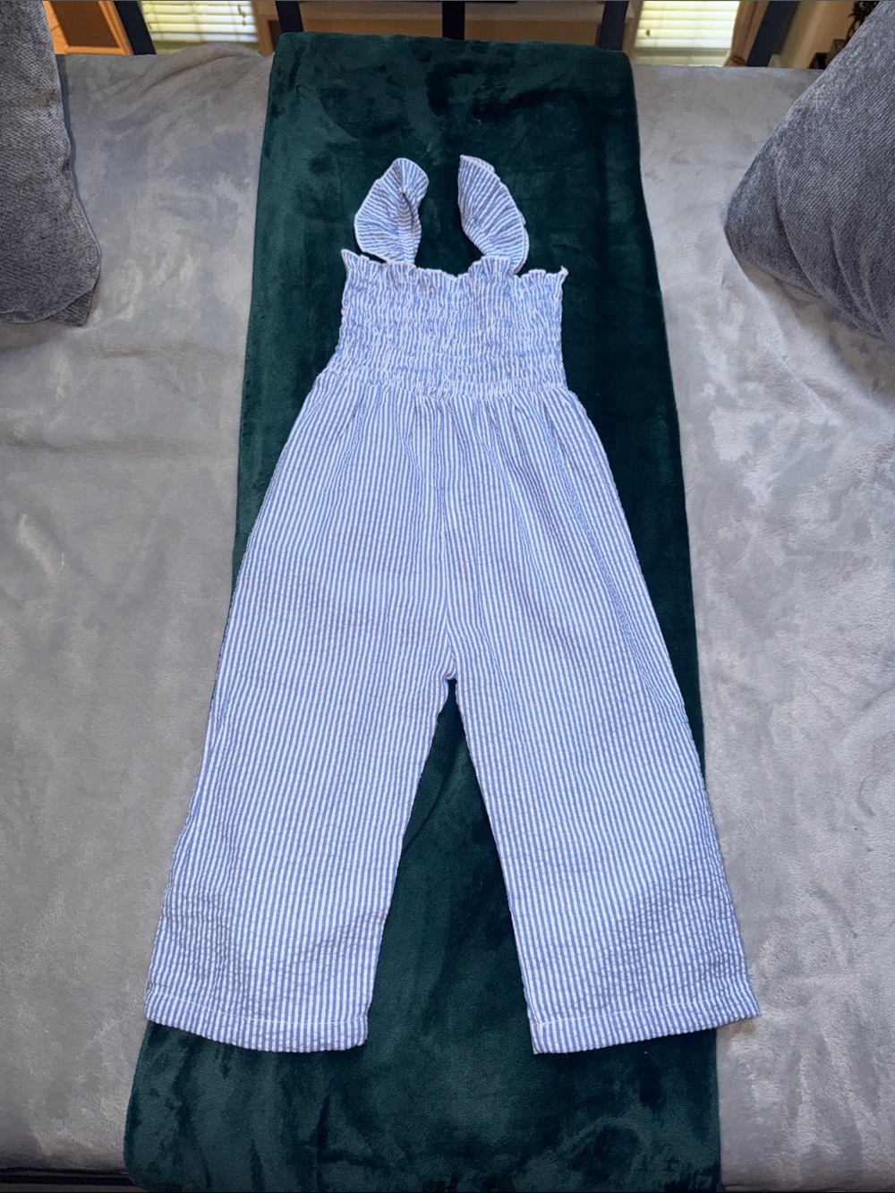 Striped Blue Smocked Ruffled Strap Jumpsuit